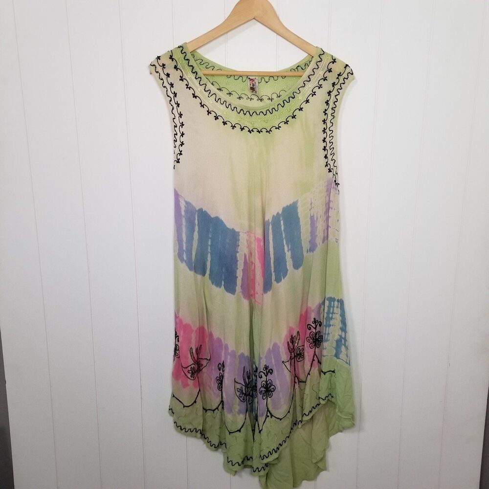 India Boutique Tunic Dress One Size Floral Boho Artsy Embroidered Sleeveless
